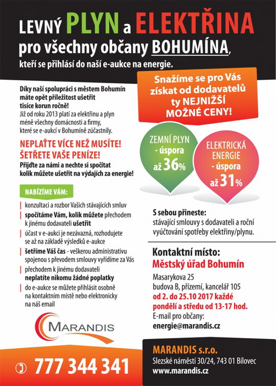 Pro velký zájem se lze hlásit v Bohumíně ještě do e-aukce o levnější plyn a elektřinu