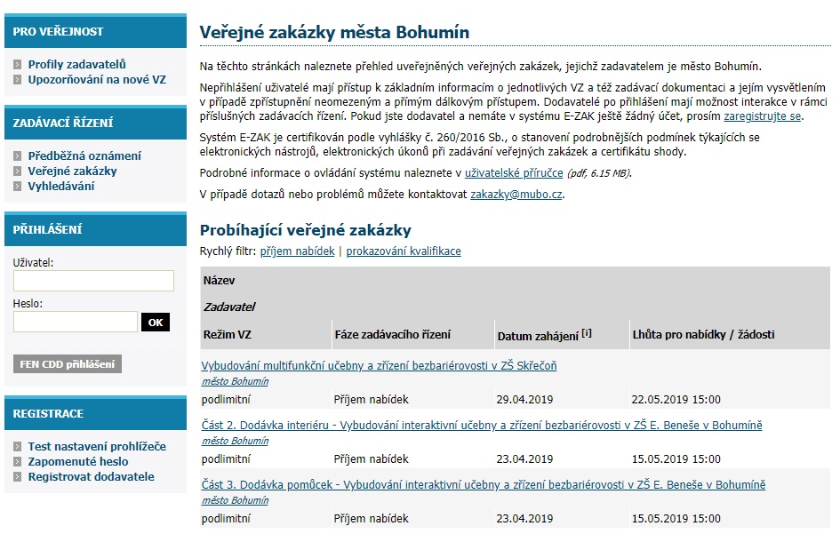 Město soutěží veřejné zakázky přes elektronický systém E-ZAK